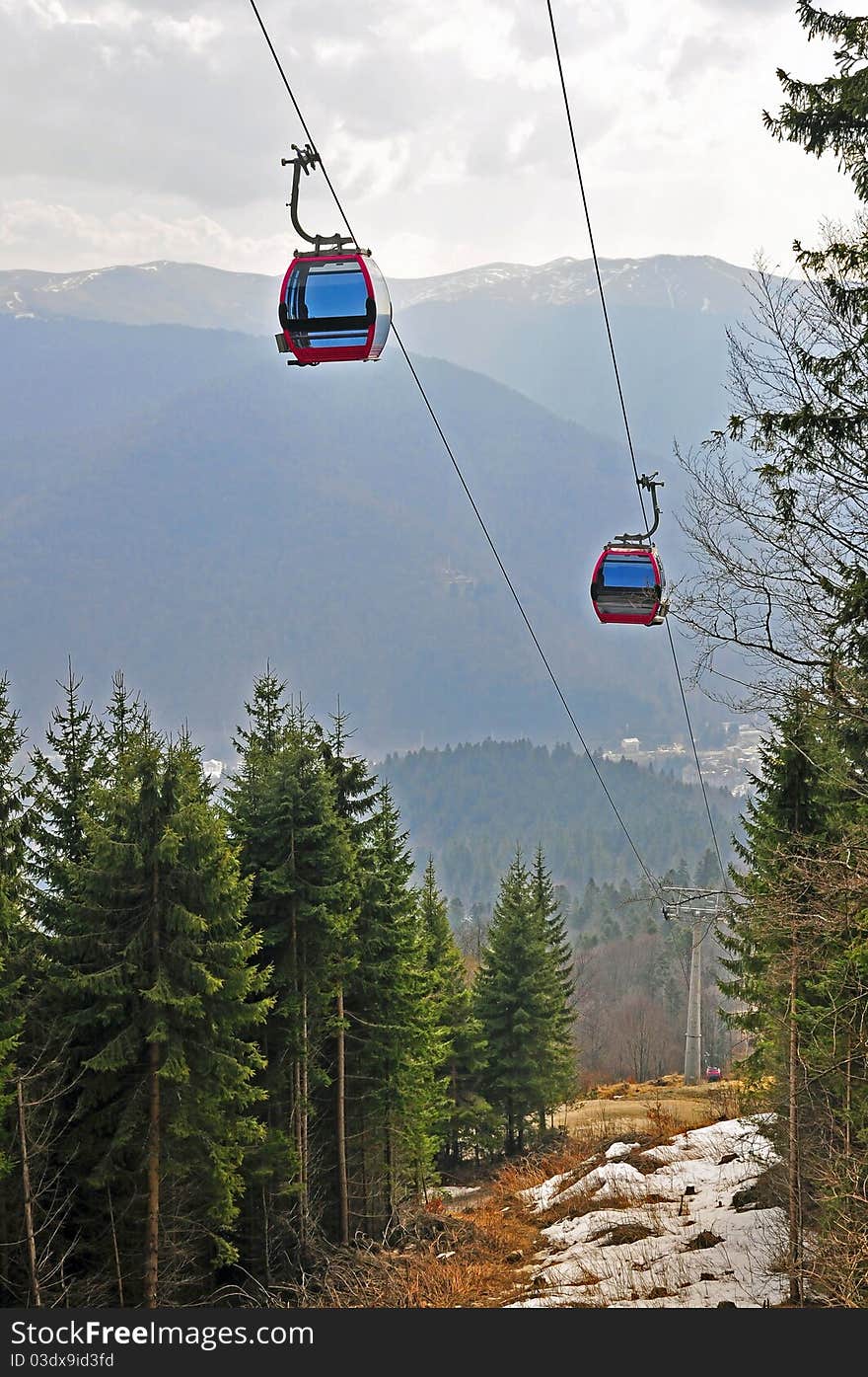 Twin cable car through the forest