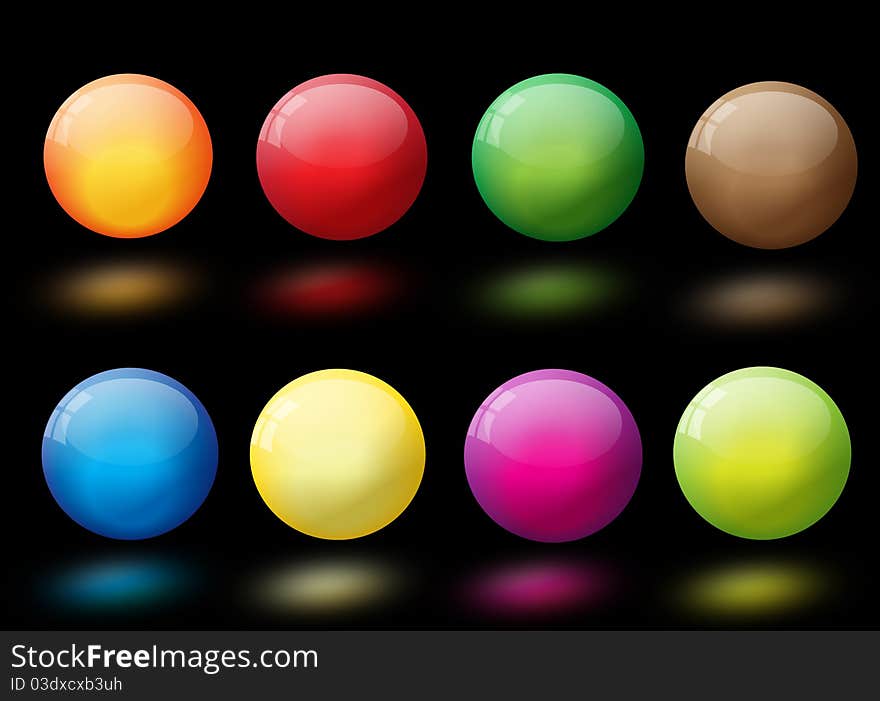 Colorful globes with reflection on black background, illustration. Colorful globes with reflection on black background, illustration