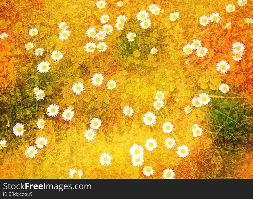 Spring meadow with gowans - vintage stylized floral picture with patina texture