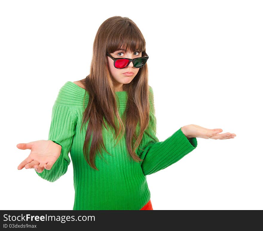 Frustrated girl wearing 3D glasses isolated over white background