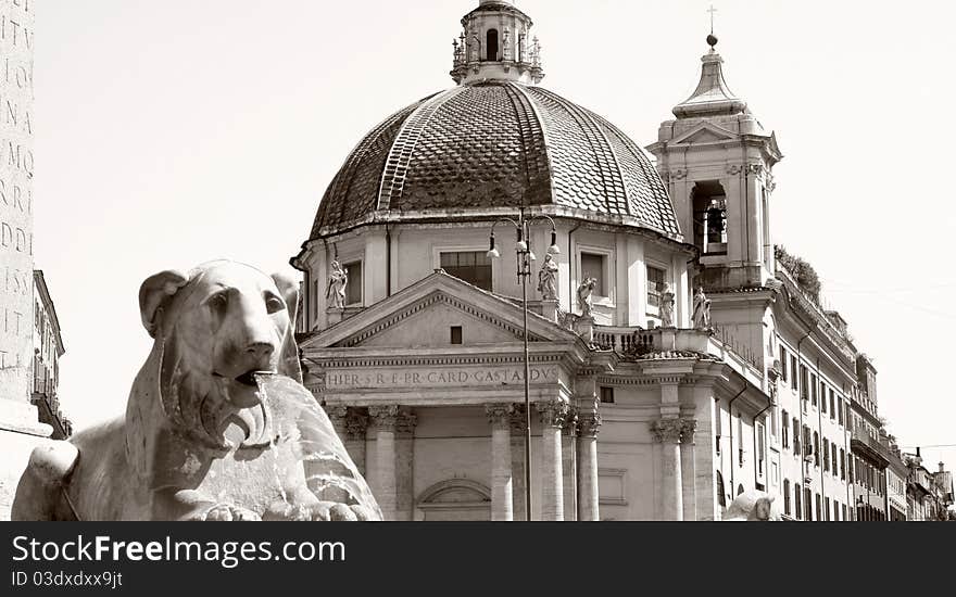 Piazza del Popolo and fountain lion in Rome Italy, black / white photo. Piazza del Popolo and fountain lion in Rome Italy, black / white photo