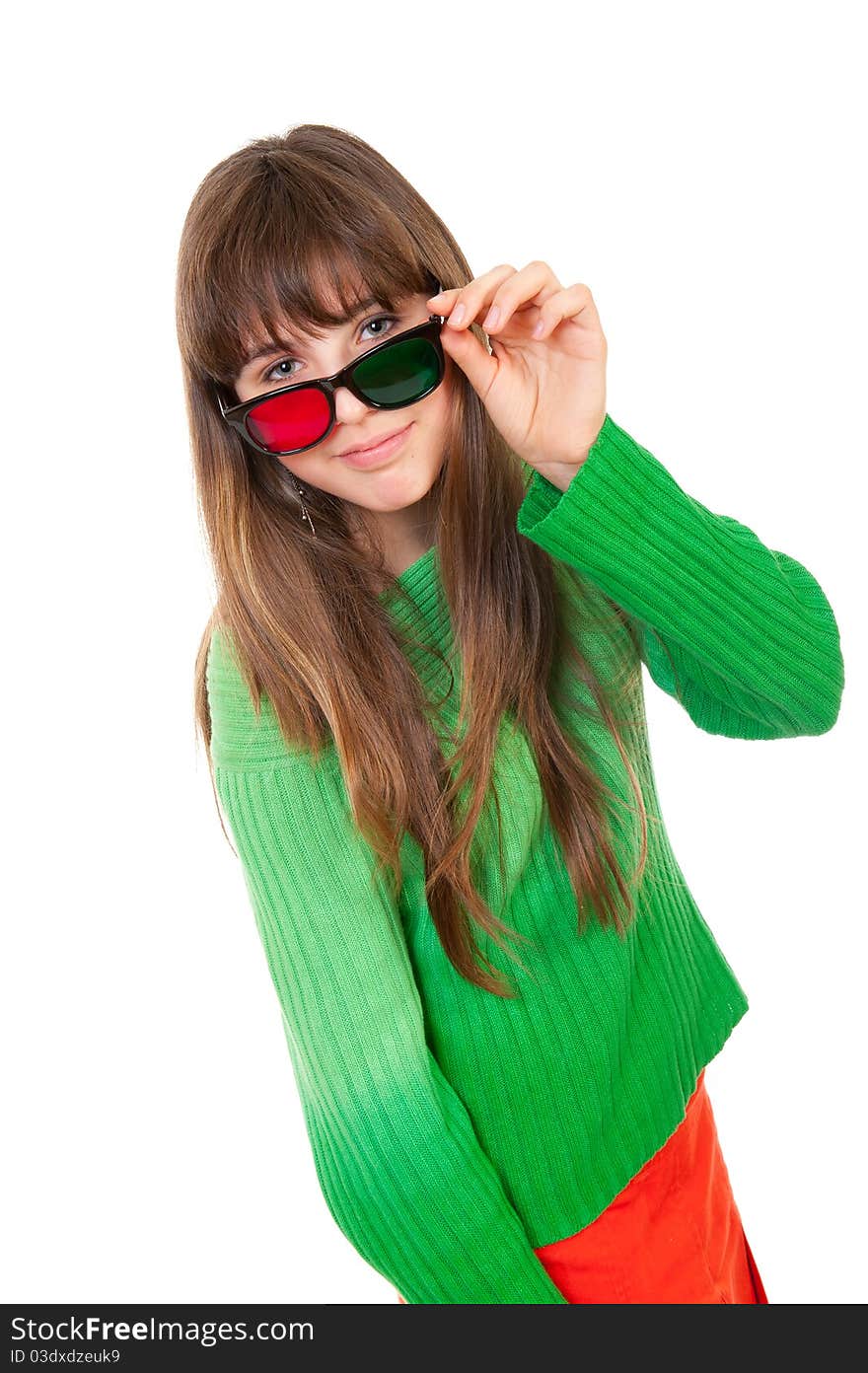 Girl wearing 3D glasses isolated over white background