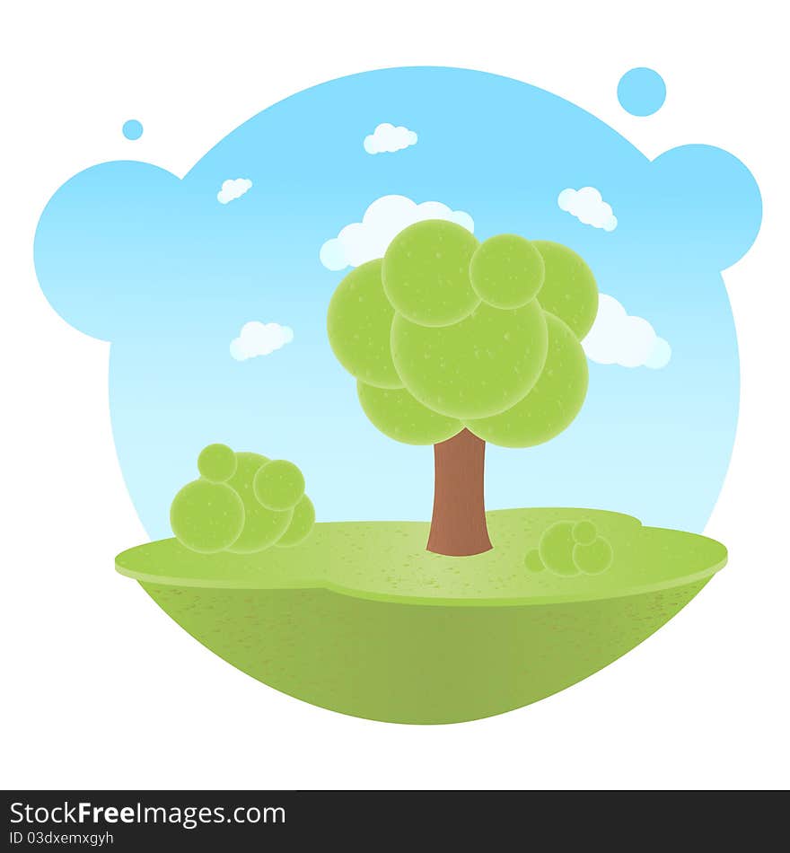 Cartoon Landscape With Trees And Clouds, Vector Illustration