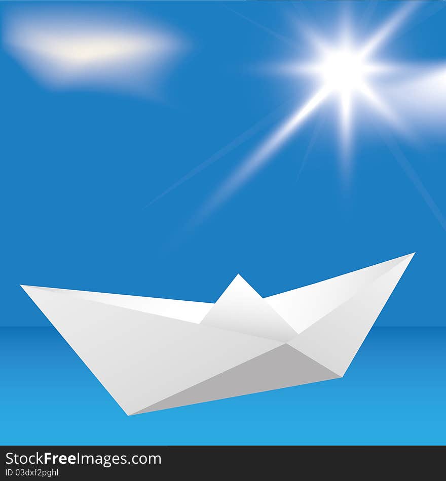 Boat origami on the blue sky background.