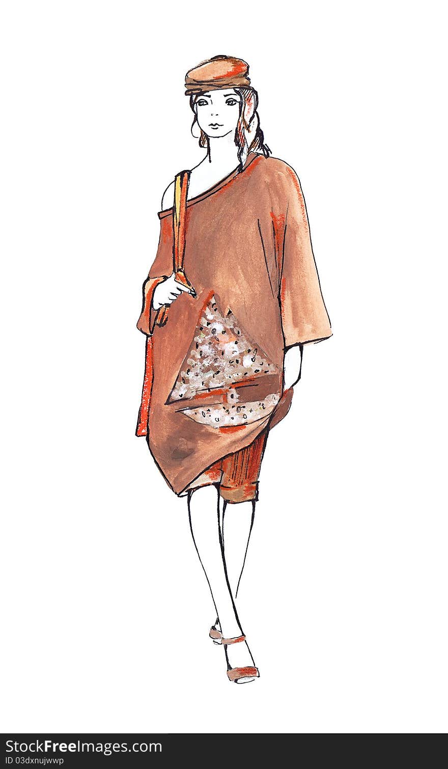 Woman in brown summer suit isolated on white. Fashion sketch. Gouache and ink drawing