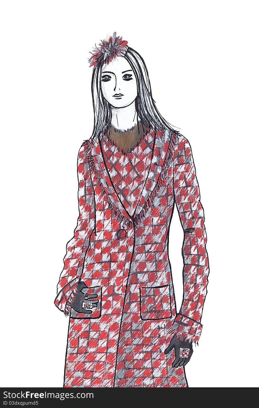 The woman dressed in autumn checkered coat. Gouache and ink drawing. The woman dressed in autumn checkered coat. Gouache and ink drawing