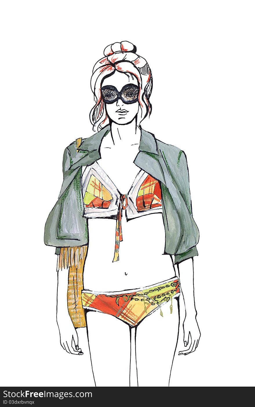 Woman in swimming suit isolated on white. Fashion sketch. Gouache and ink drawing