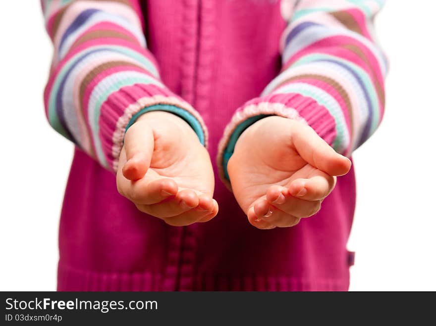 Little child hands open. Isolated on white background