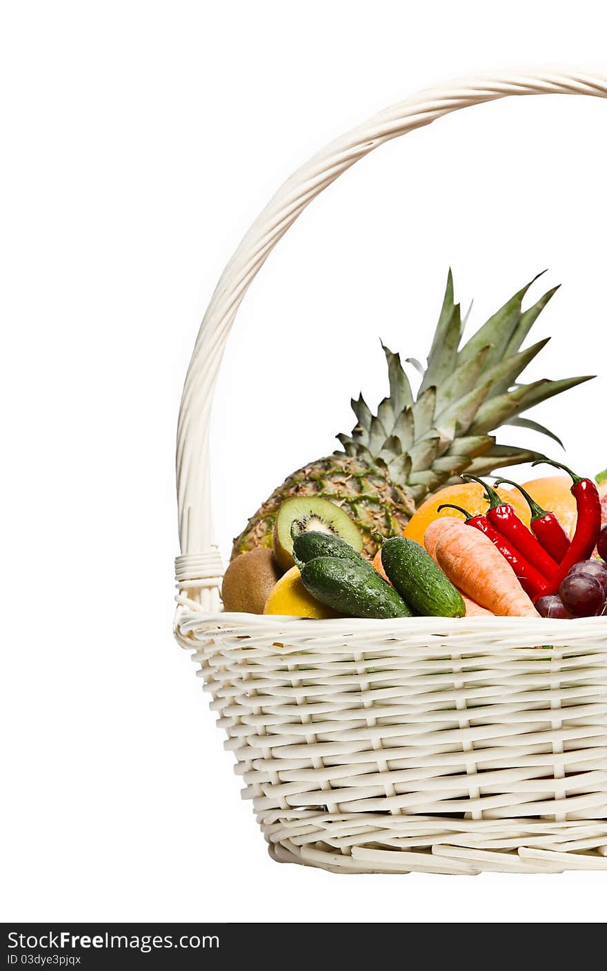 Healthy food in basket isolated on white. Healthy food in basket isolated on white