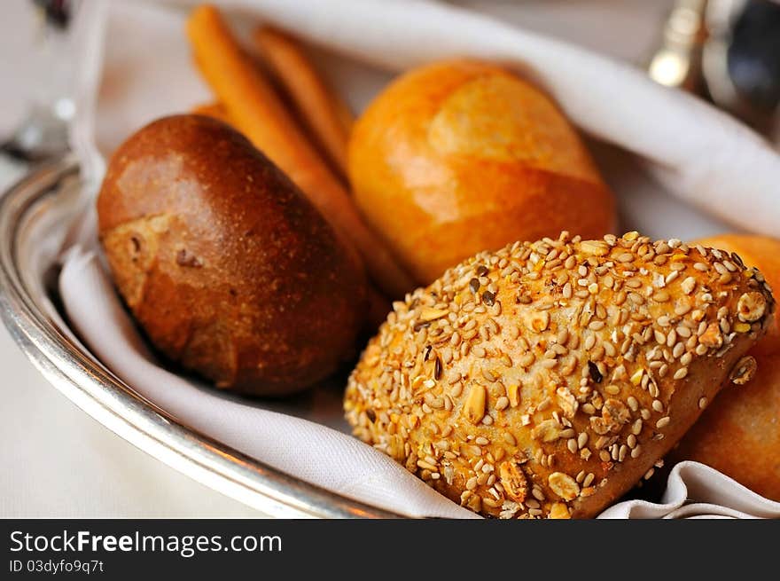 Mixture of bread buns for a healthy breakfast.