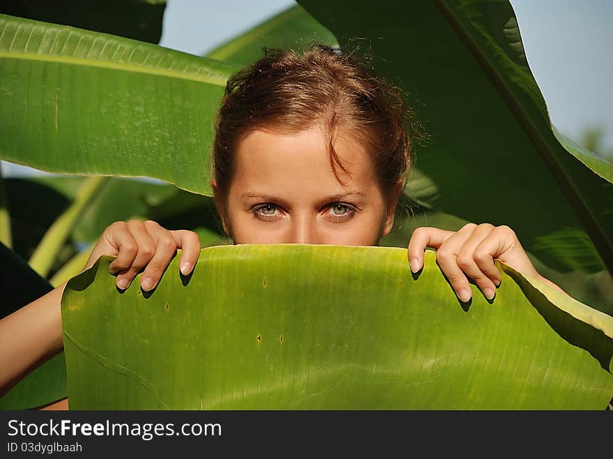 Young girl looks out of palm leaf. Young girl looks out of palm leaf