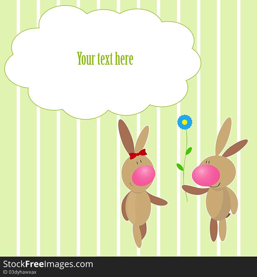 Funny bunnies and blue flower on a striped background. Funny bunnies and blue flower on a striped background