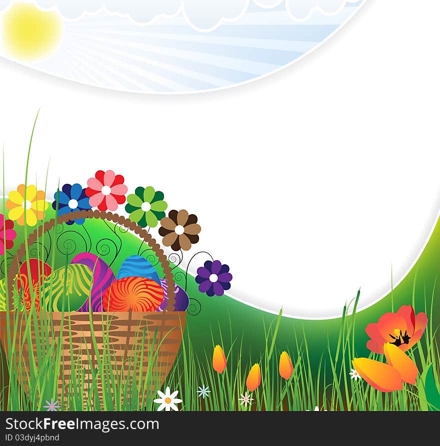 Basket with colored eggs and flowers on flowering meadow. Basket with colored eggs and flowers on flowering meadow