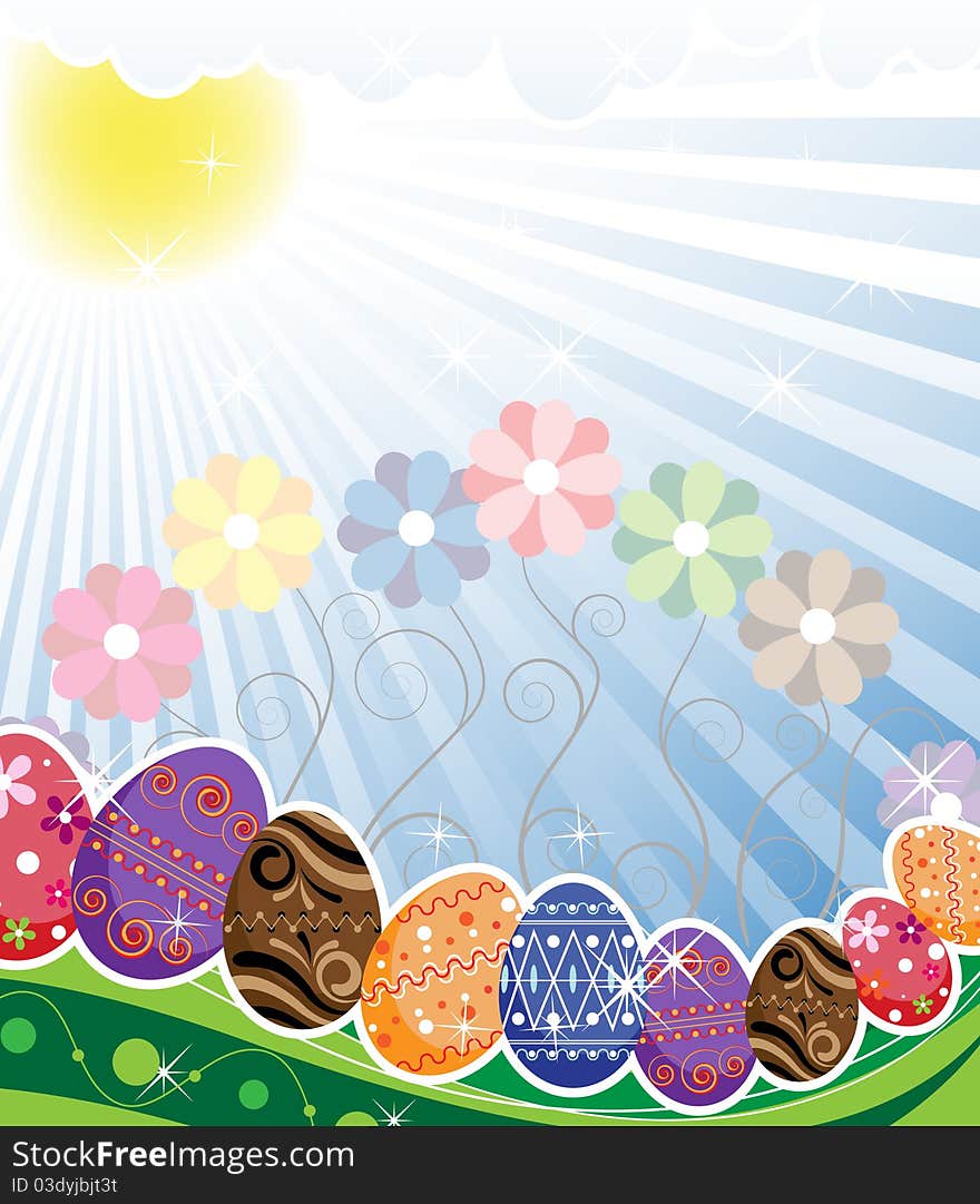 Bright Easter eggs with an original ornament under sunbeams. Bright Easter eggs with an original ornament under sunbeams