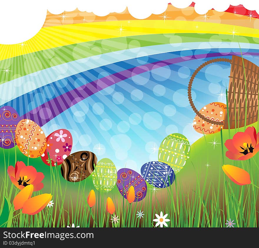 Bright Easter eggs rolled out of the overturned basket. Rainbow Easter landscape