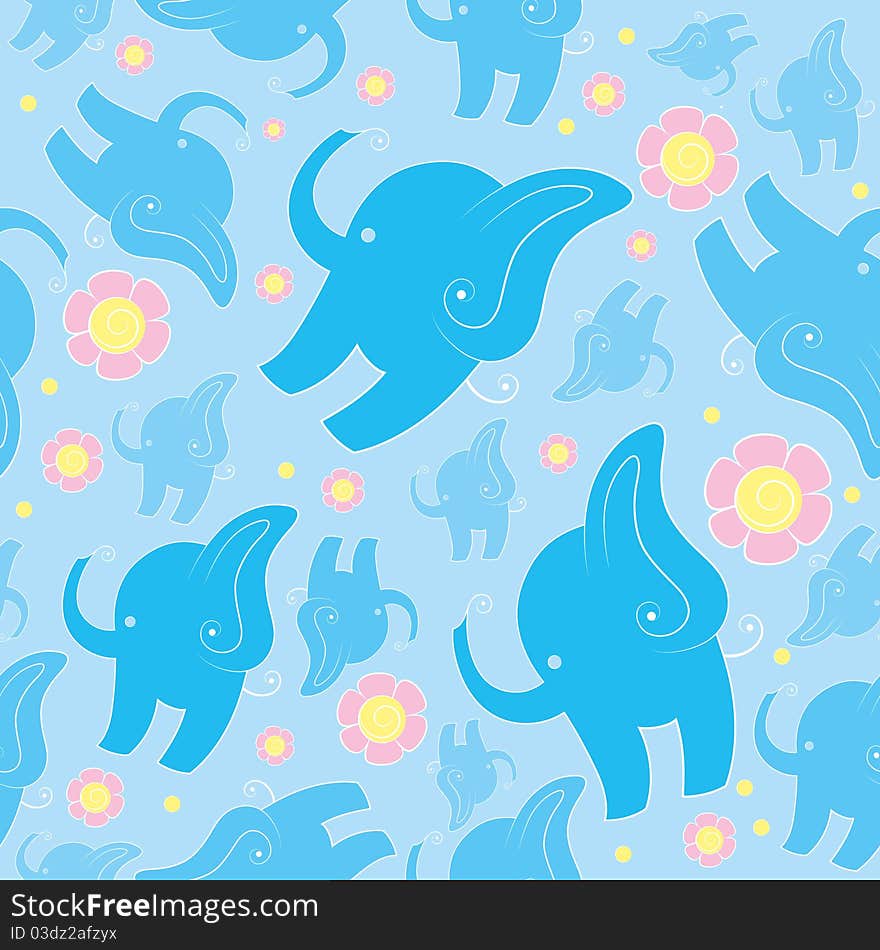 Seamless texture of blue cartoon elephants and pink flowers. Seamless texture of blue cartoon elephants and pink flowers