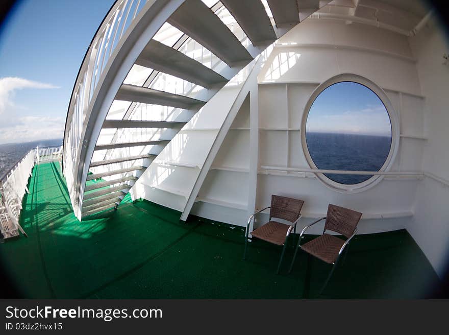 Cruise ship deck distorted in fisheye lens