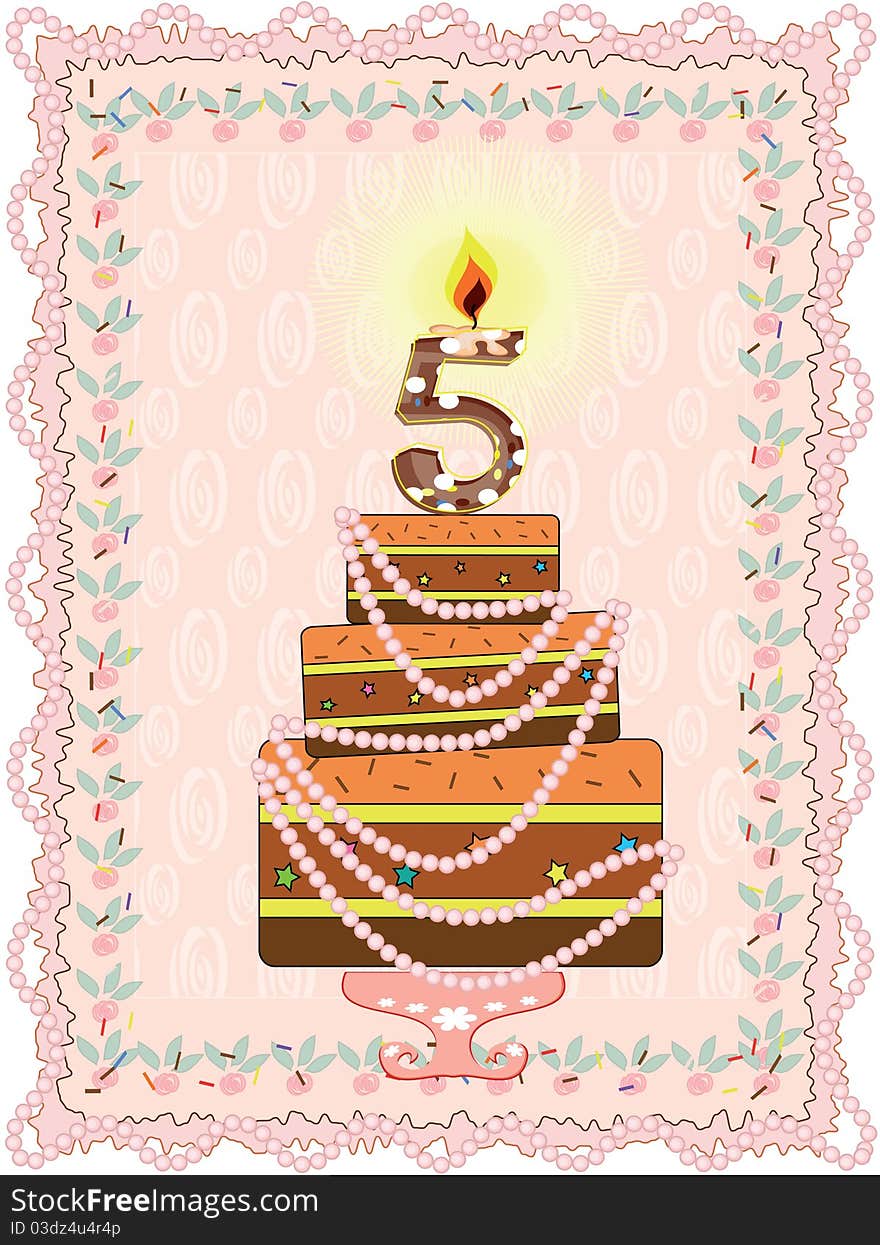 Birthday green background with cake,five years. Birthday green background with cake,five years