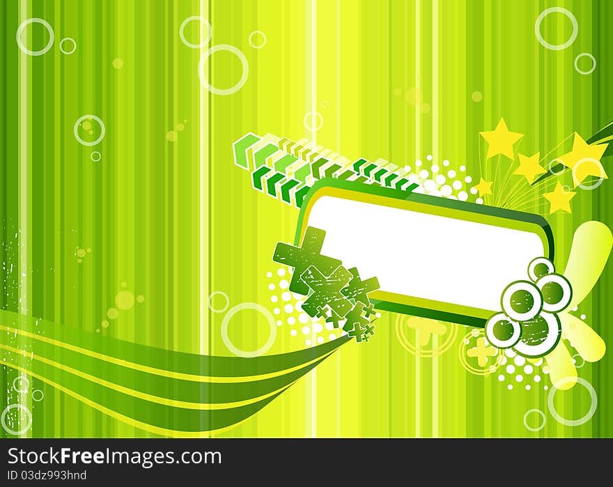 Green illustration with frame for text, crosses, arrows and stars