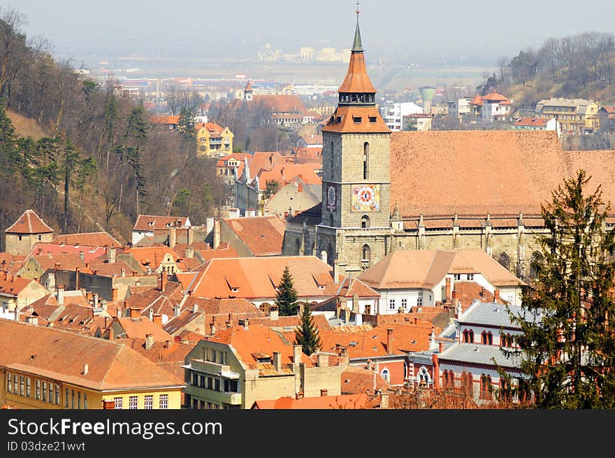 View over Brasov old city and Black Church tower, Romania. View over Brasov old city and Black Church tower, Romania