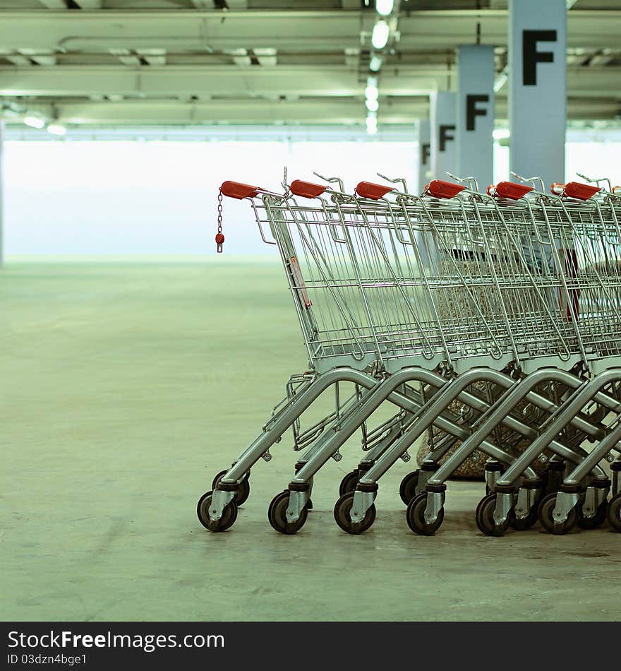 Shopping carts in a mall parking lot