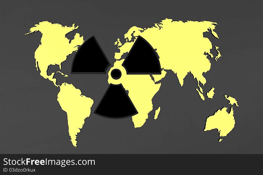 3d render of radiation sign on a world map