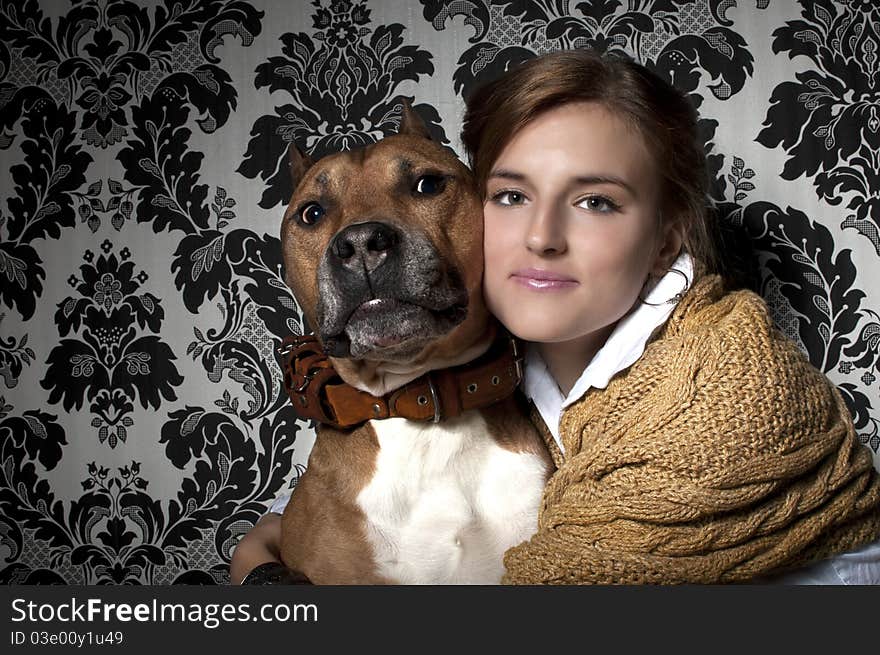 Portret of brown American Staffordshire Terrier with young and beautiful girl. Portret of brown American Staffordshire Terrier with young and beautiful girl