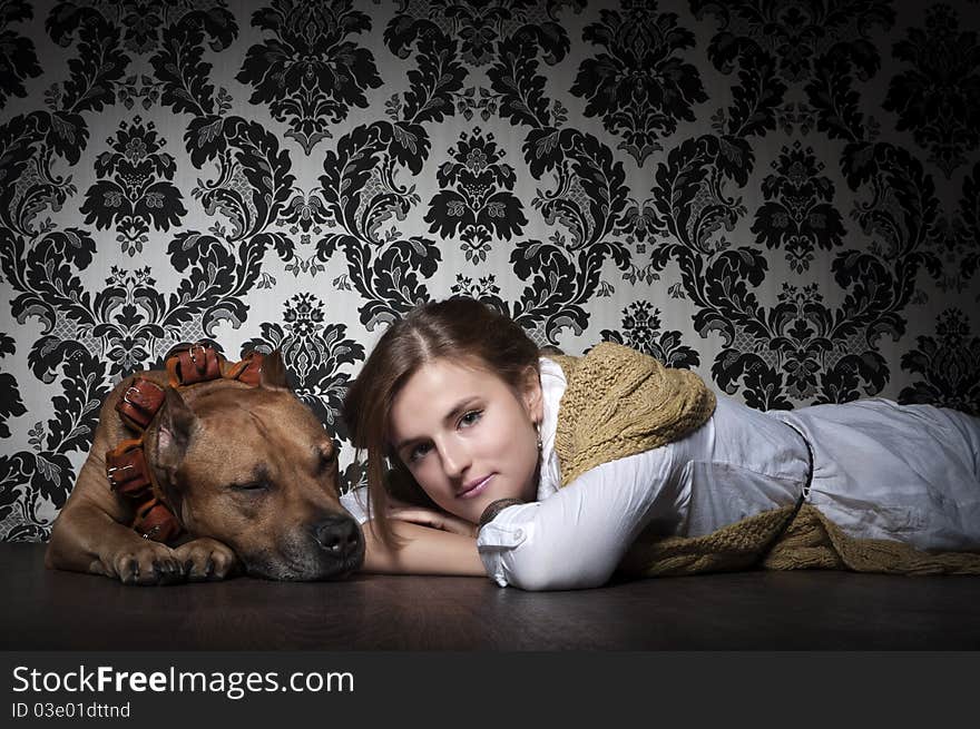 Girl With American Staffordshire Terrier