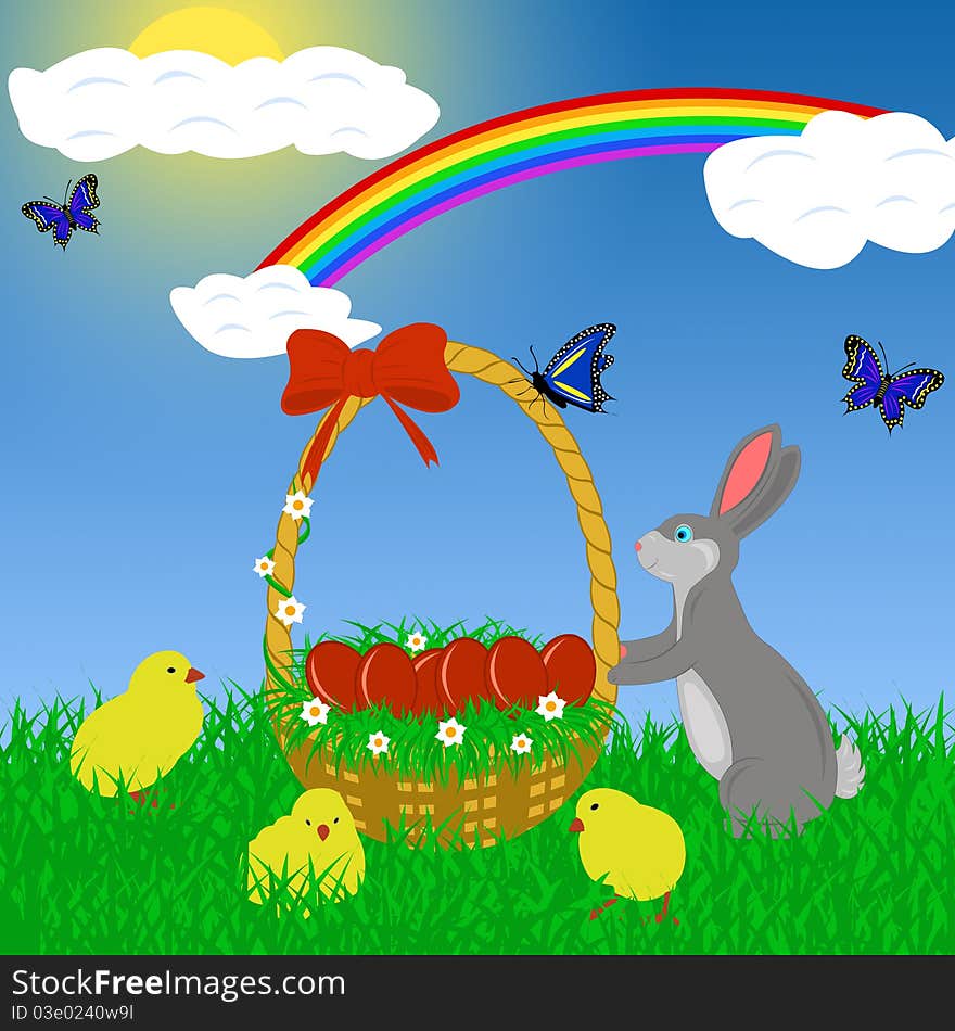 Easter rabbit with eggs in a basket