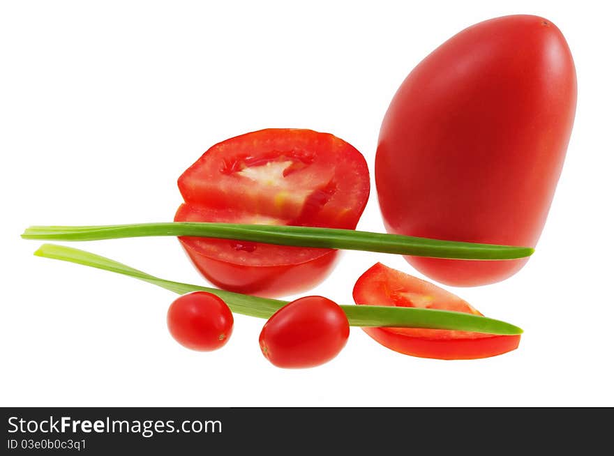 Plum and cherry tomatoes with chive isolated on white