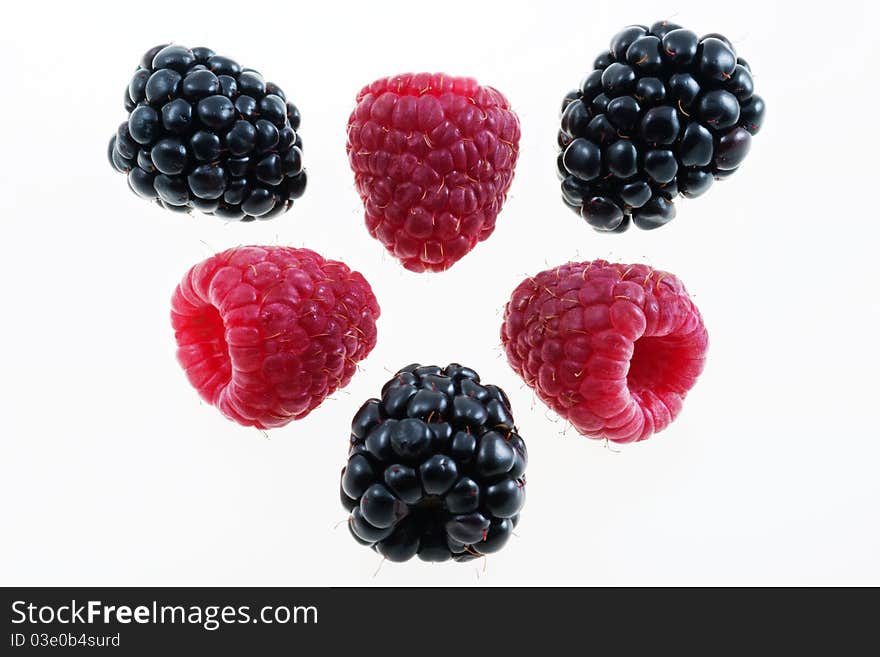 Raspberries and blackberries isolated on white background