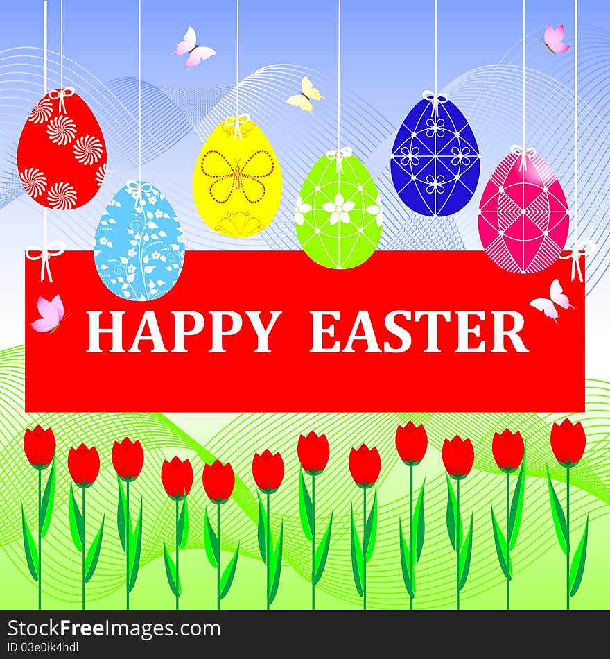 Easter greeting card with hanging eggs. Easter greeting card with hanging eggs.