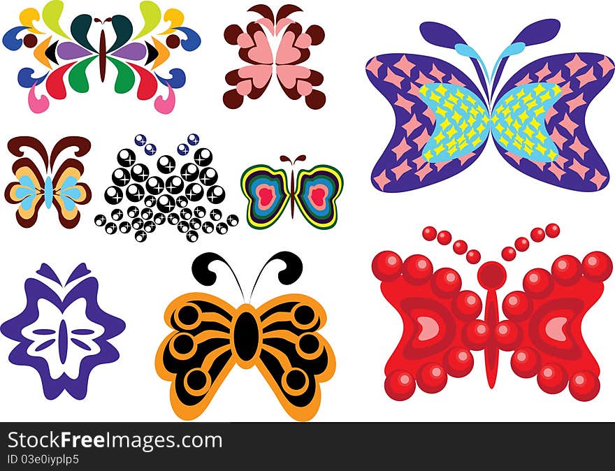 Set of butterflies on isolated back. Illustration