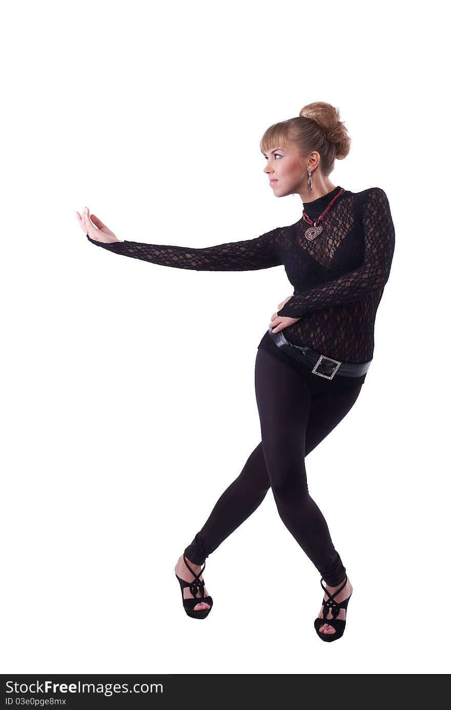 Young girl in lace costume dance and smile