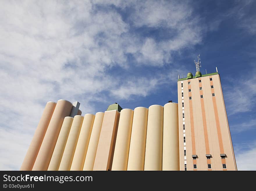 Industrial silo towards blue sky