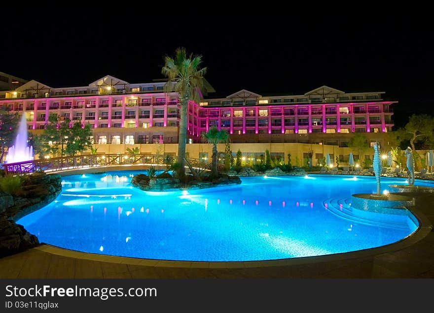 View of a modern resort in Kemer, Antalya, night view