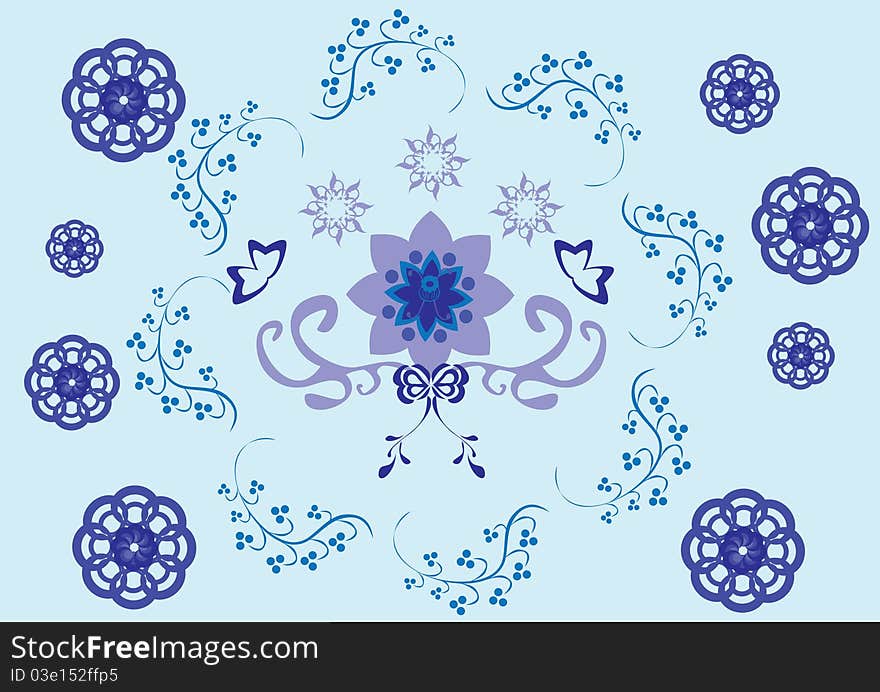 Abstract floral ornament on blue. Illustration.