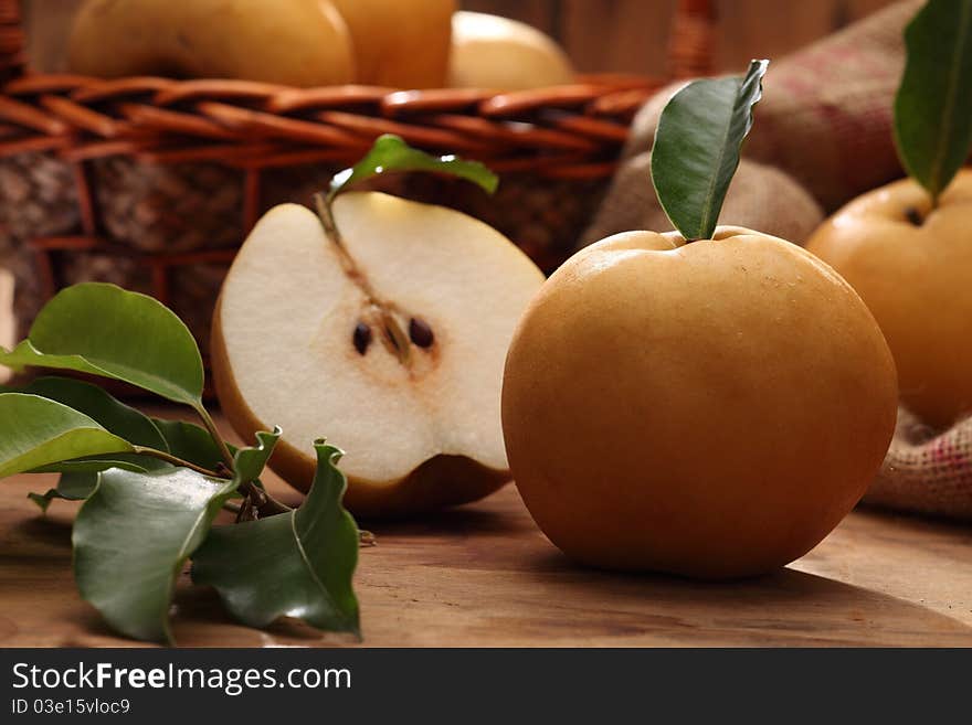 A basket of juicy pears. A basket of juicy pears