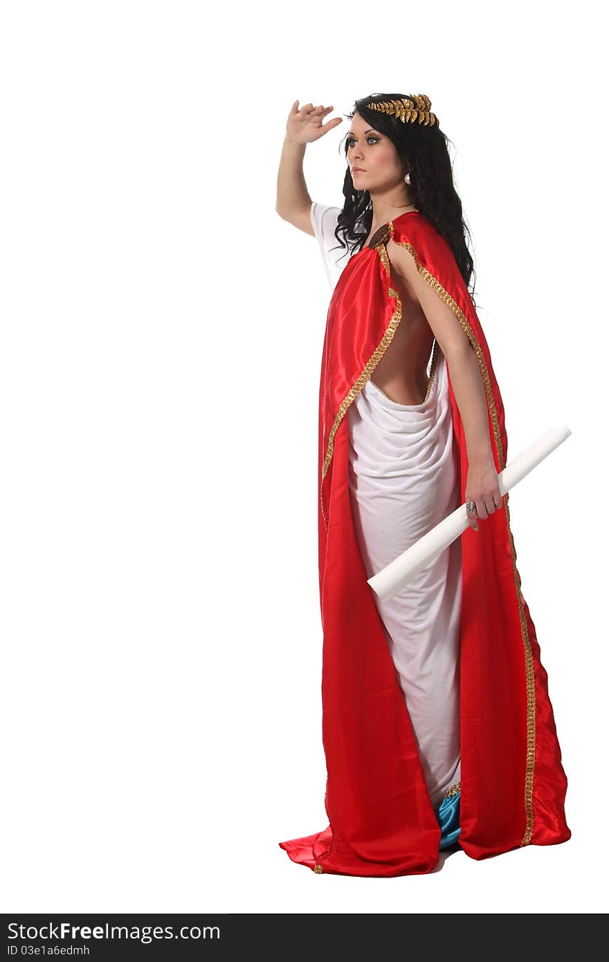 Woman in an ancient greece costume hold a scroll. Woman in an ancient greece costume hold a scroll