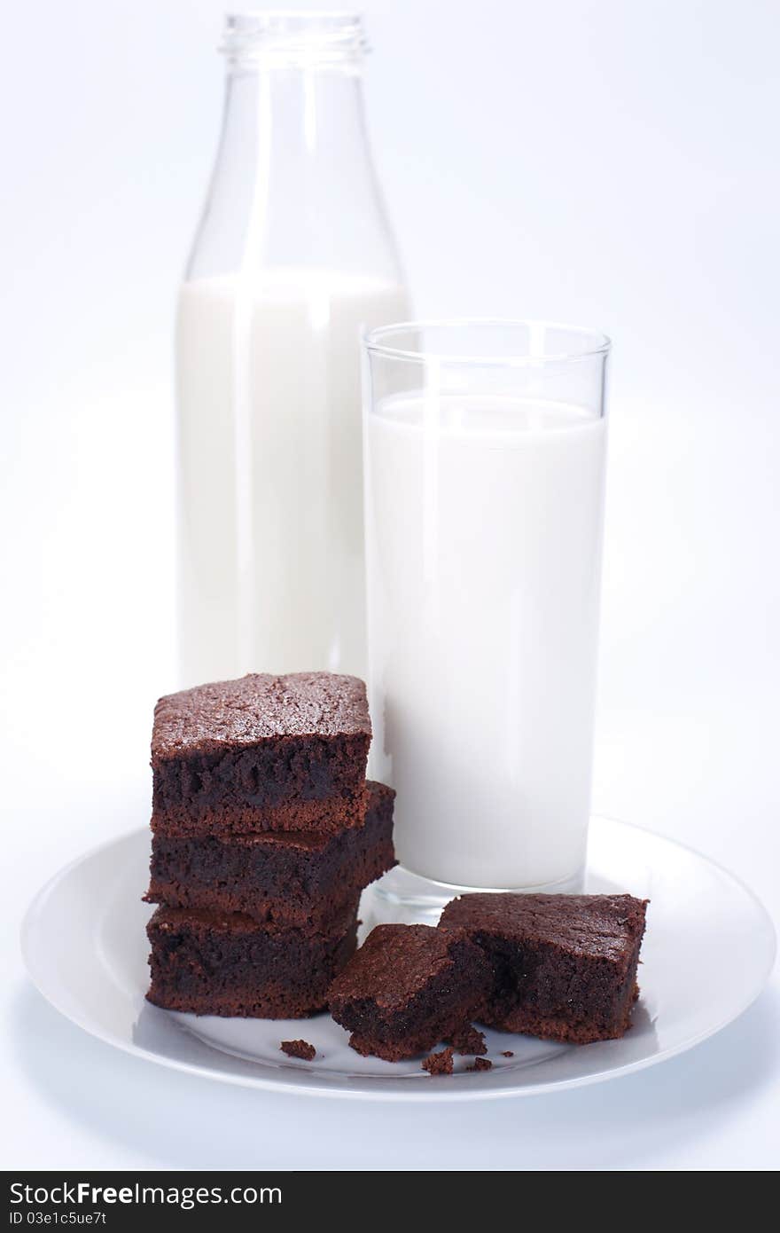 Chocolate brownies on white plate and glass of milk