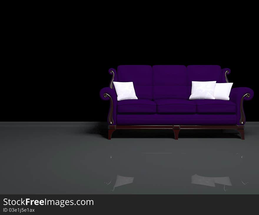 Modern interior design, empty dark room with big classic violet sofa, 3d render