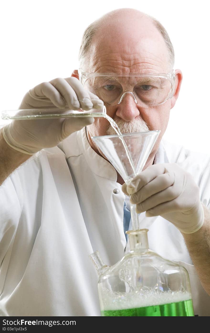 Scientist working with chemicals isolated on white