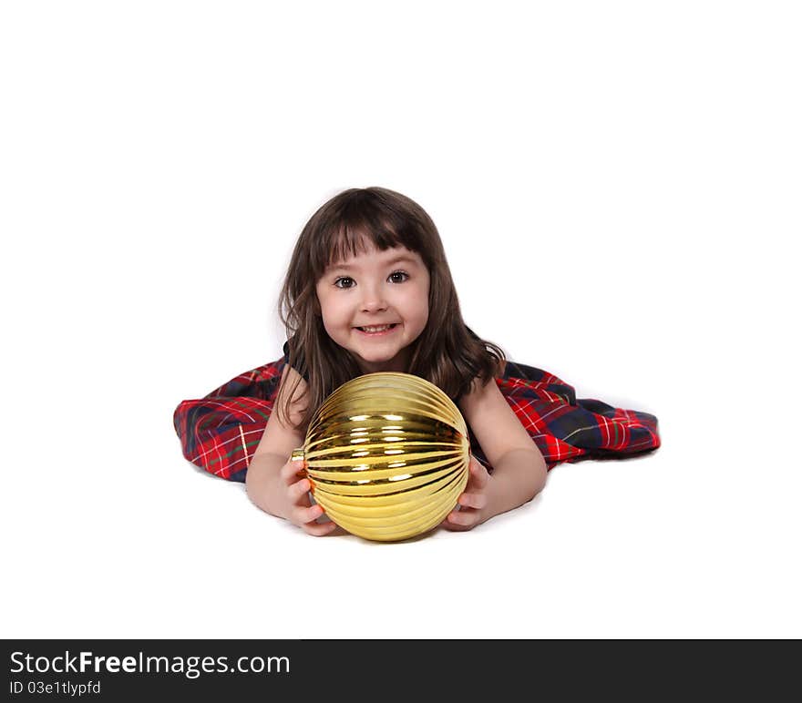 Sweet Little Girl Playing With Christmas Bulb