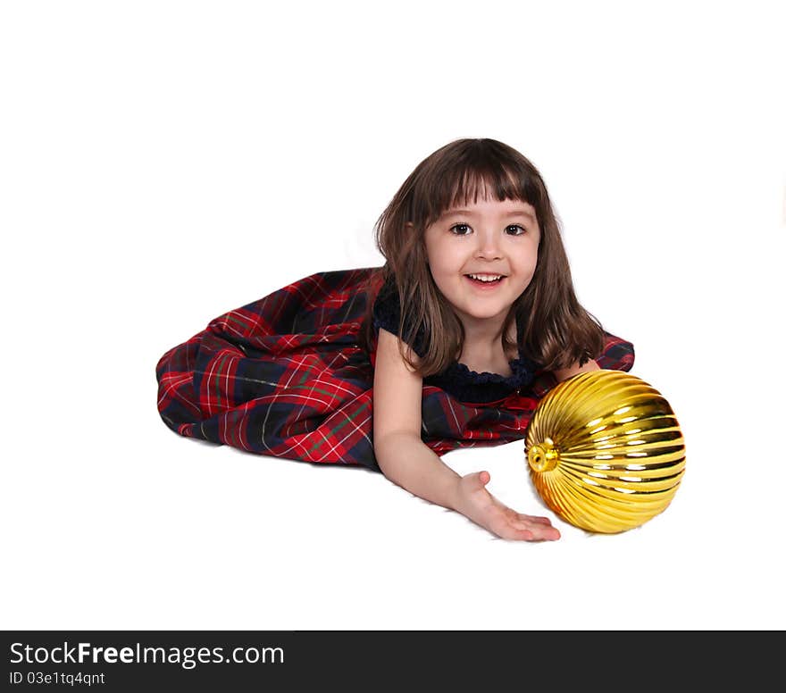 Adorable little girl playing with large christmas bulb isolated on white. Adorable little girl playing with large christmas bulb isolated on white