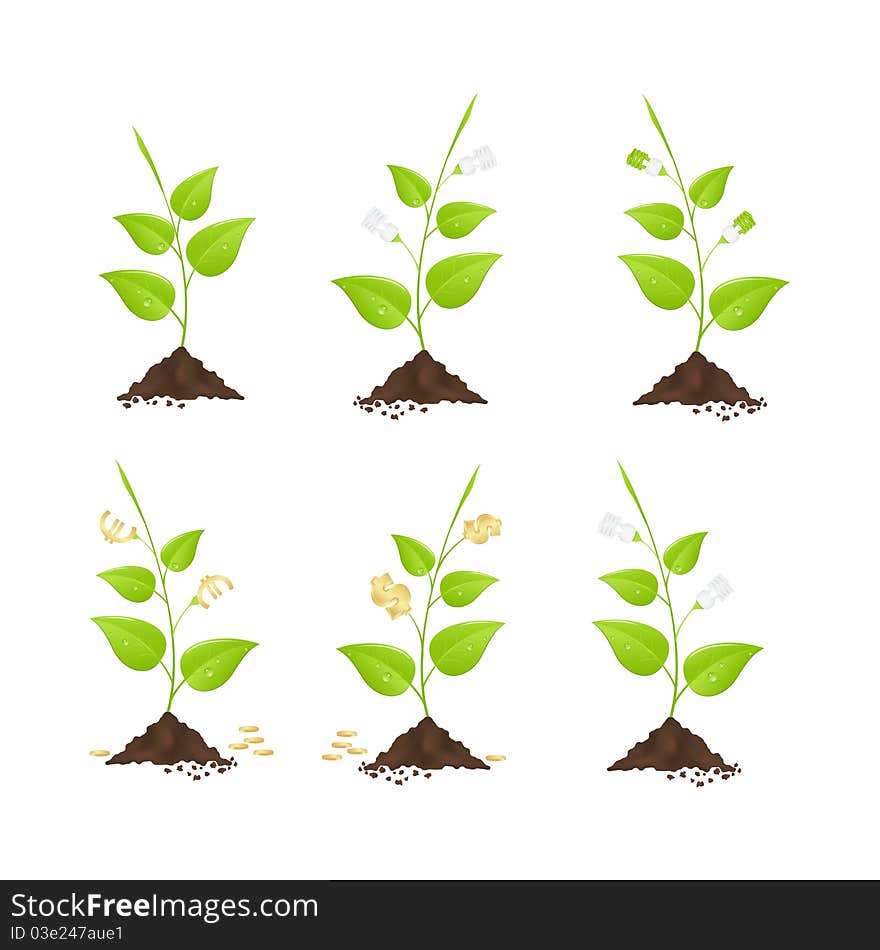 Young trees with leaves in the form of dollars, euros and power saving lamps. Vector illustration, isolated on a white. Young trees with leaves in the form of dollars, euros and power saving lamps. Vector illustration, isolated on a white.