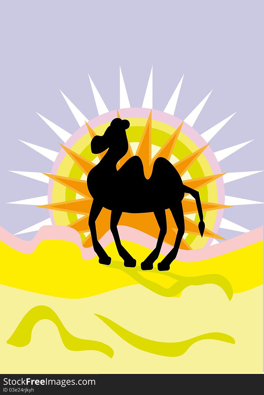 Camel in desert under sun. illustration.