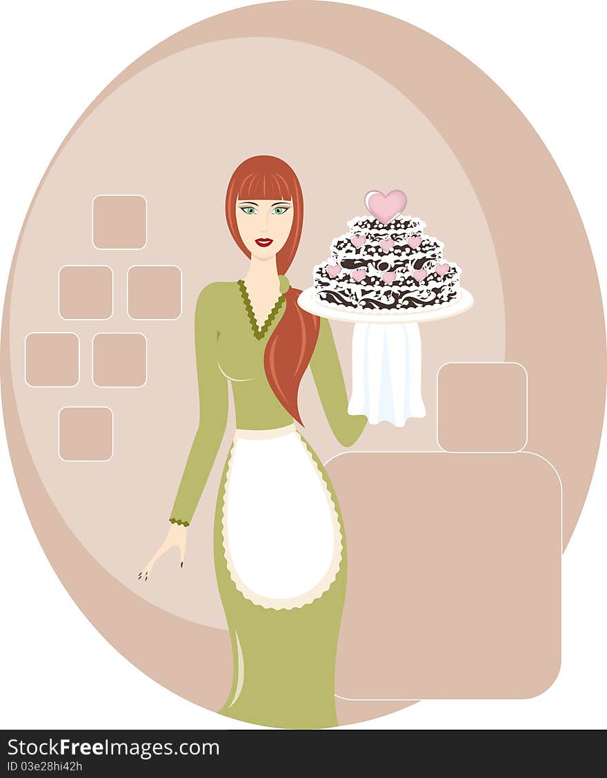 Girl/woman with cake on kitchen