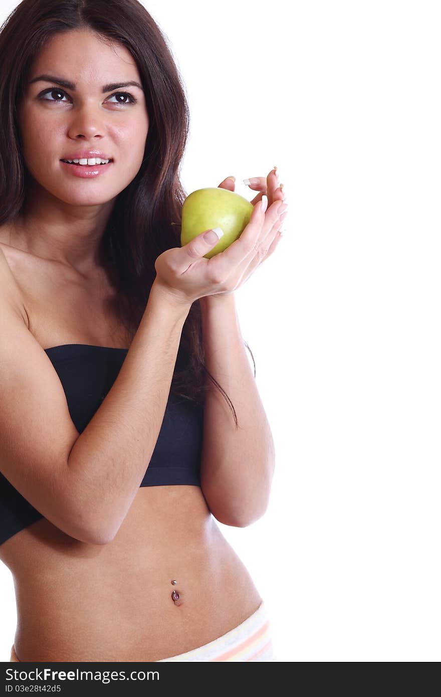 Woman hold apple in hands isolated on white. Woman hold apple in hands isolated on white