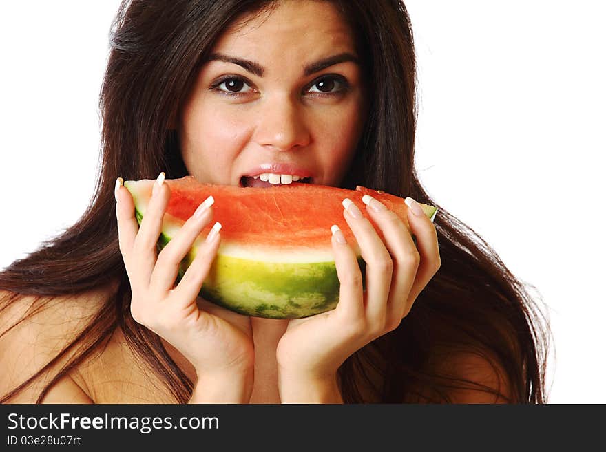 Woman hold watermelon in hands isolated on white. Woman hold watermelon in hands isolated on white