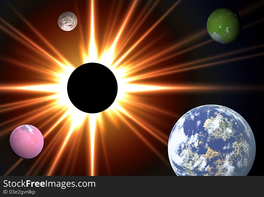 Planets and solar eclipse in cosmos. Universe